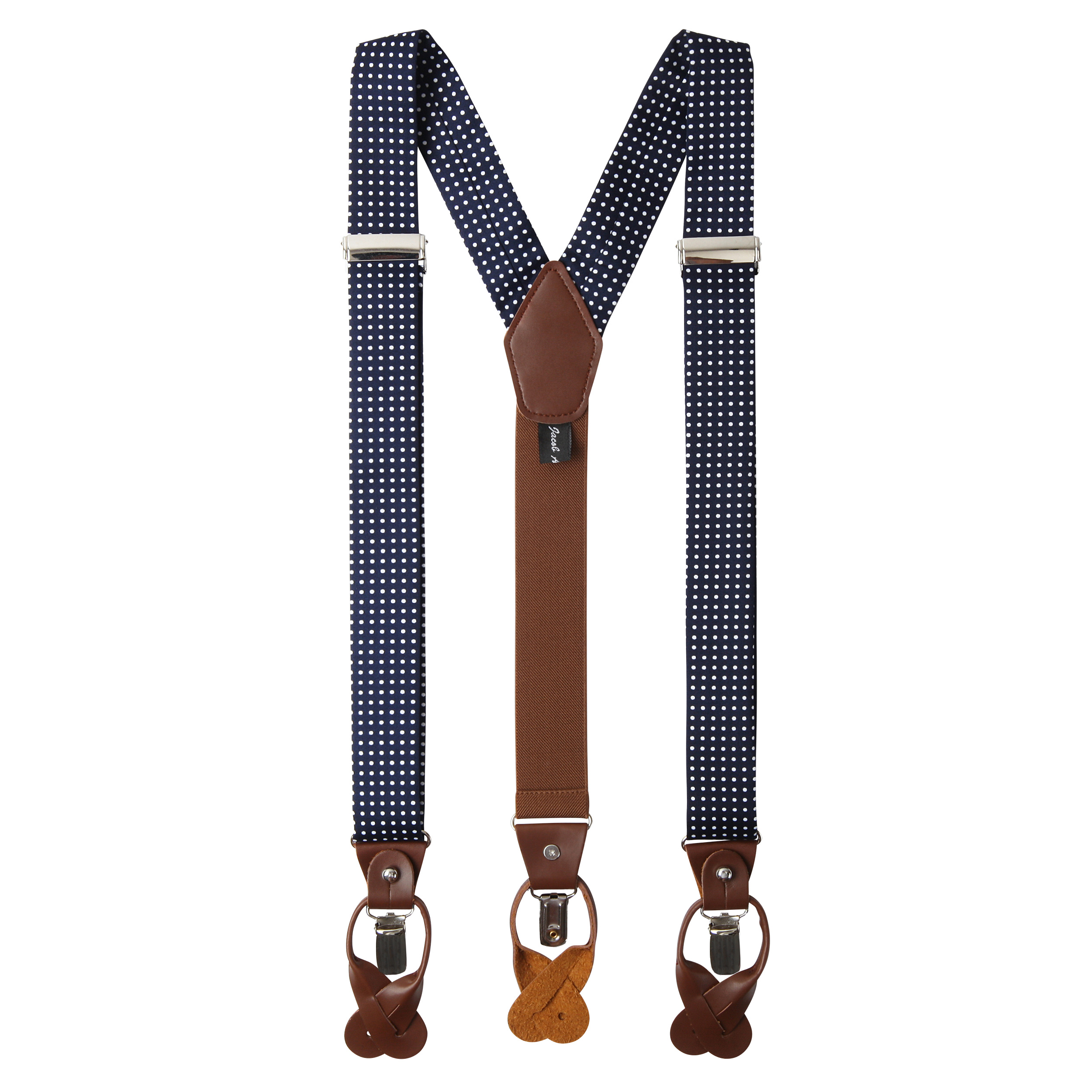 Men's Polka Dot Y-Back Suspenders Braces Convertible Leather Ends and Clips - Navy