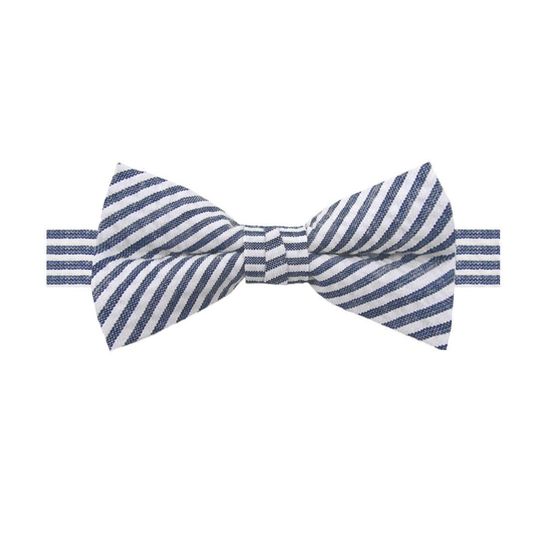 Seersucker Striped Banded Bow Tie - Navy Blue