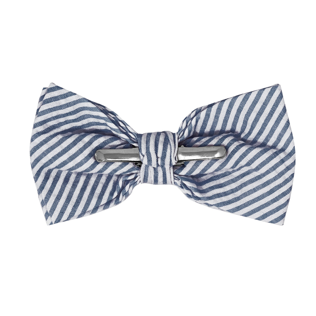 Seersucker Striped Clip-On Bow Tie - Navy Blue