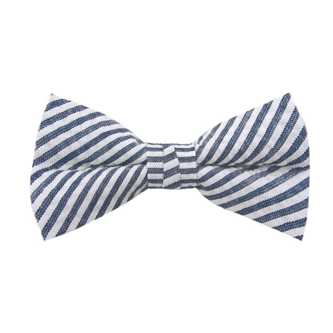Wedding Seersucker Striped Clip-On Bow Tie - Navy Blue