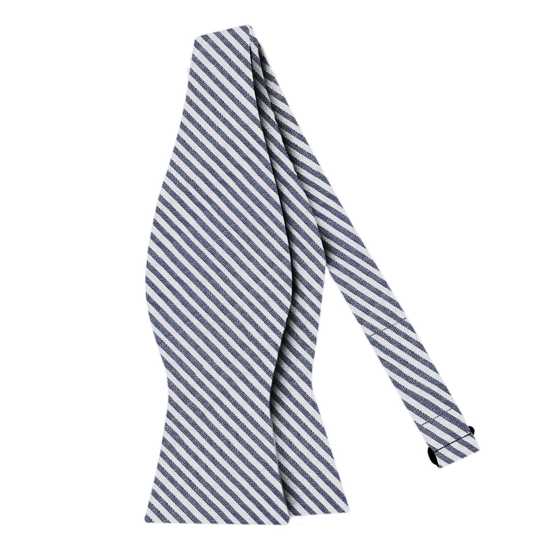 Wedding Seersucker Striped Self-Tie Bow Tie - Navy Blue