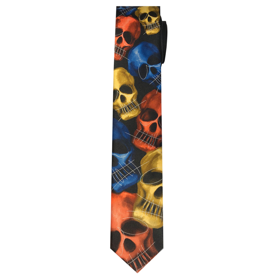 Jerry Garcia Halloween Skulls Extra Long Tie - Orange Yellow Blue