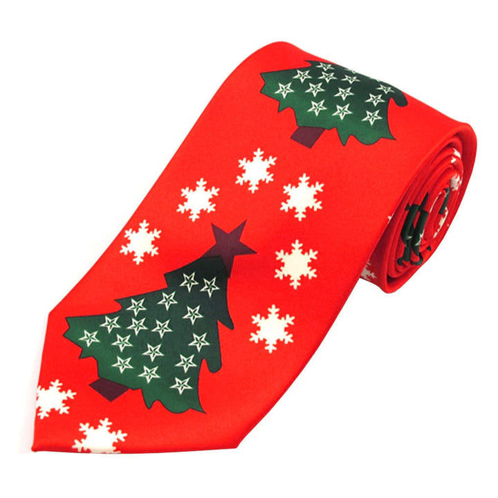 Red Orange Christmas Tree Stars and Snowflakes Tie