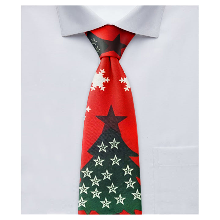 Red Orange Christmas Tree Stars and Snowflakes Tie