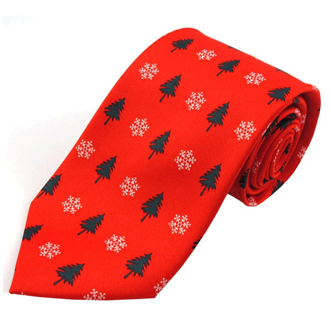 Red Orange Christmas Trees Snowflakes Motif Tie
