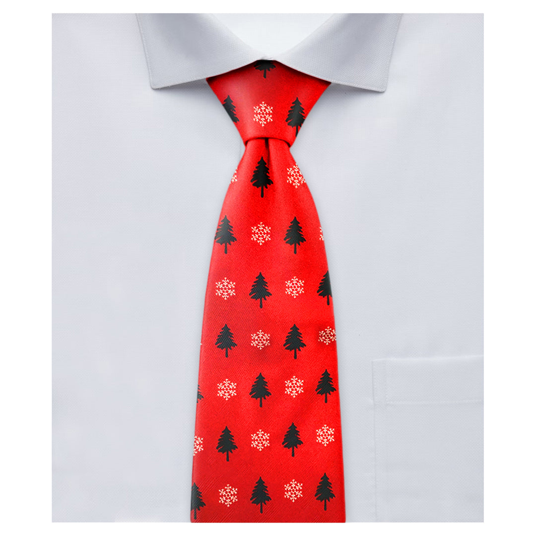 Red Orange Christmas Trees Snowflakes Motif Tie