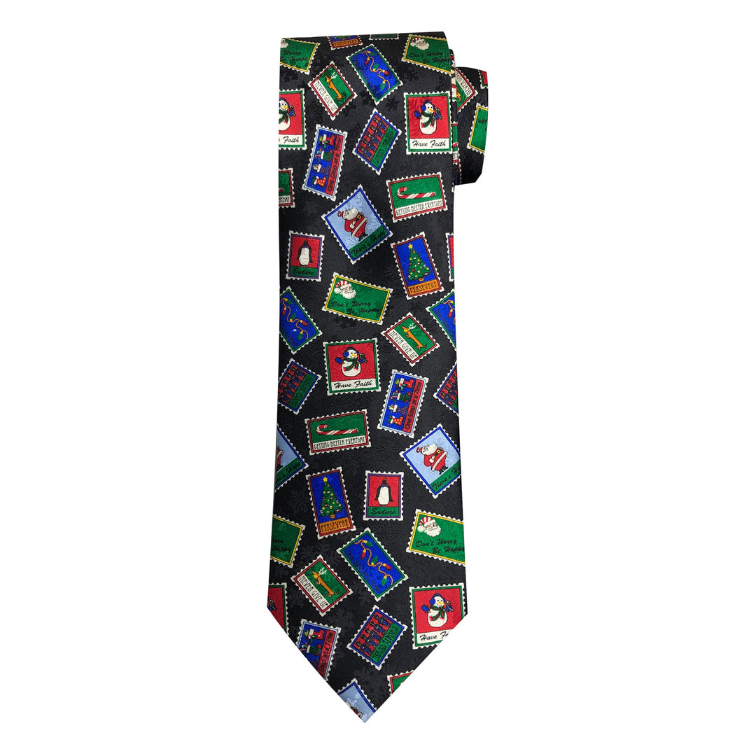 Christmas Santa Claus Frosty Candy Cane Tree Lights Stamps Tie - Black