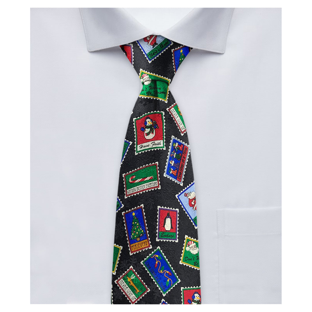 Christmas Santa Claus Frosty Candy Cane Tree Lights Stamps Tie - Black