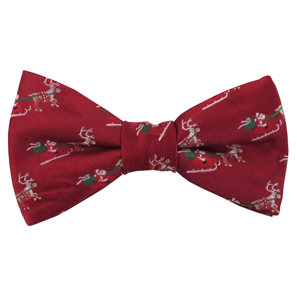 Santa Claus Sleigh Merry Christmas Banded Bow Tie - Red