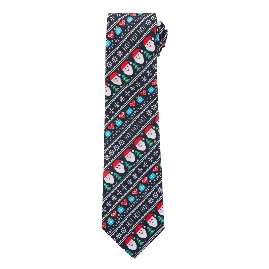 Santa Claus Gifts Hearts Snowflakes Diagonal Tie - Black