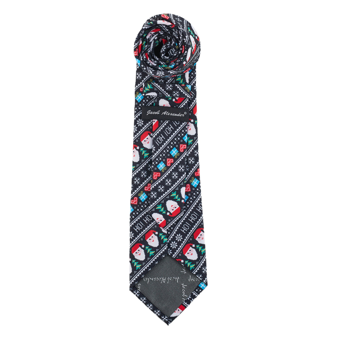 Santa Claus Gifts Hearts Snowflakes Diagonal Tie - Black