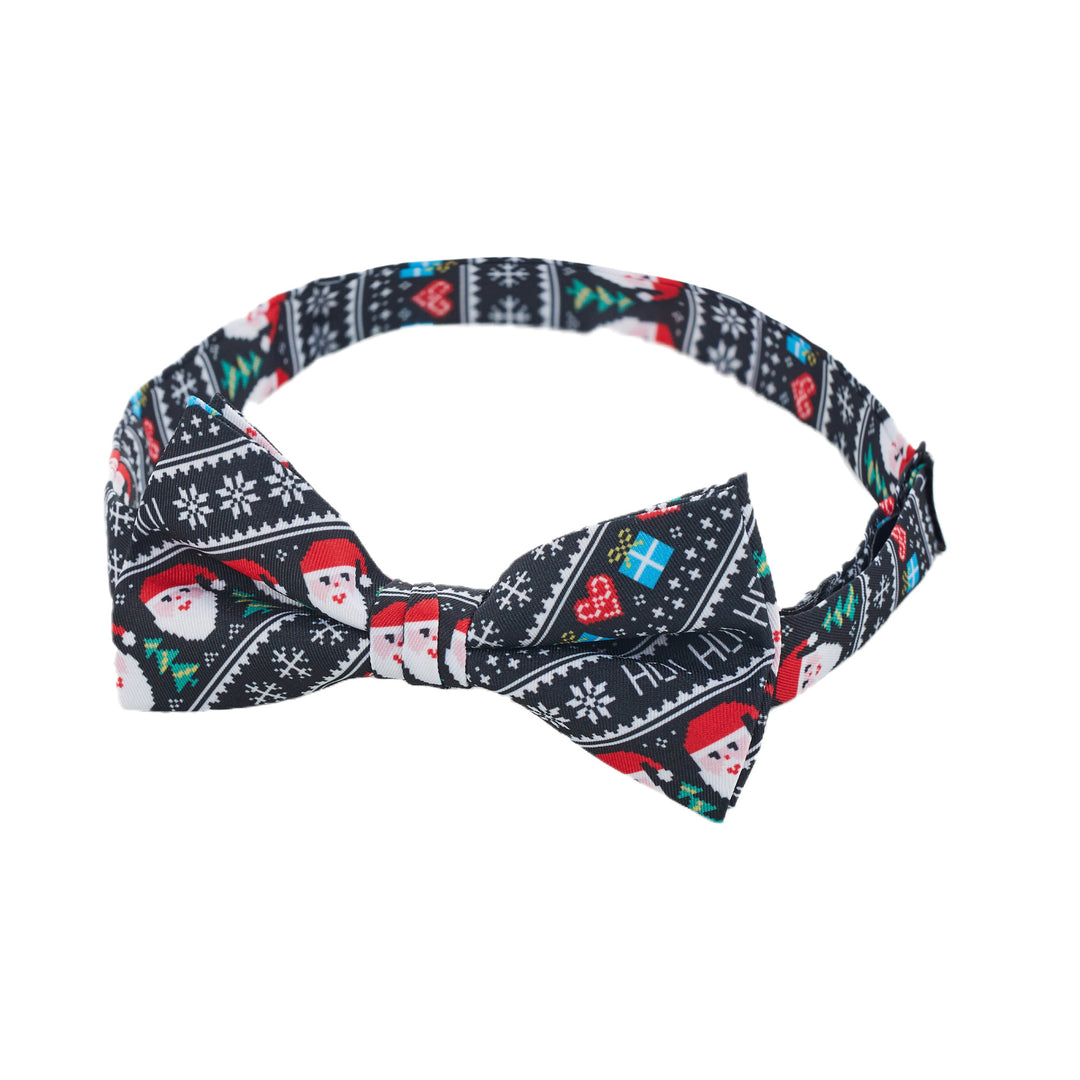 Santa Claus Gifts Hearts Snowflakes Diagonal Banded Bow Tie - Black