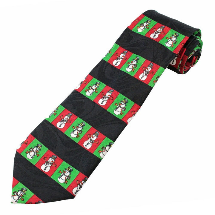 Christmas Winter Snowman Red Green Stripe Tie - Black