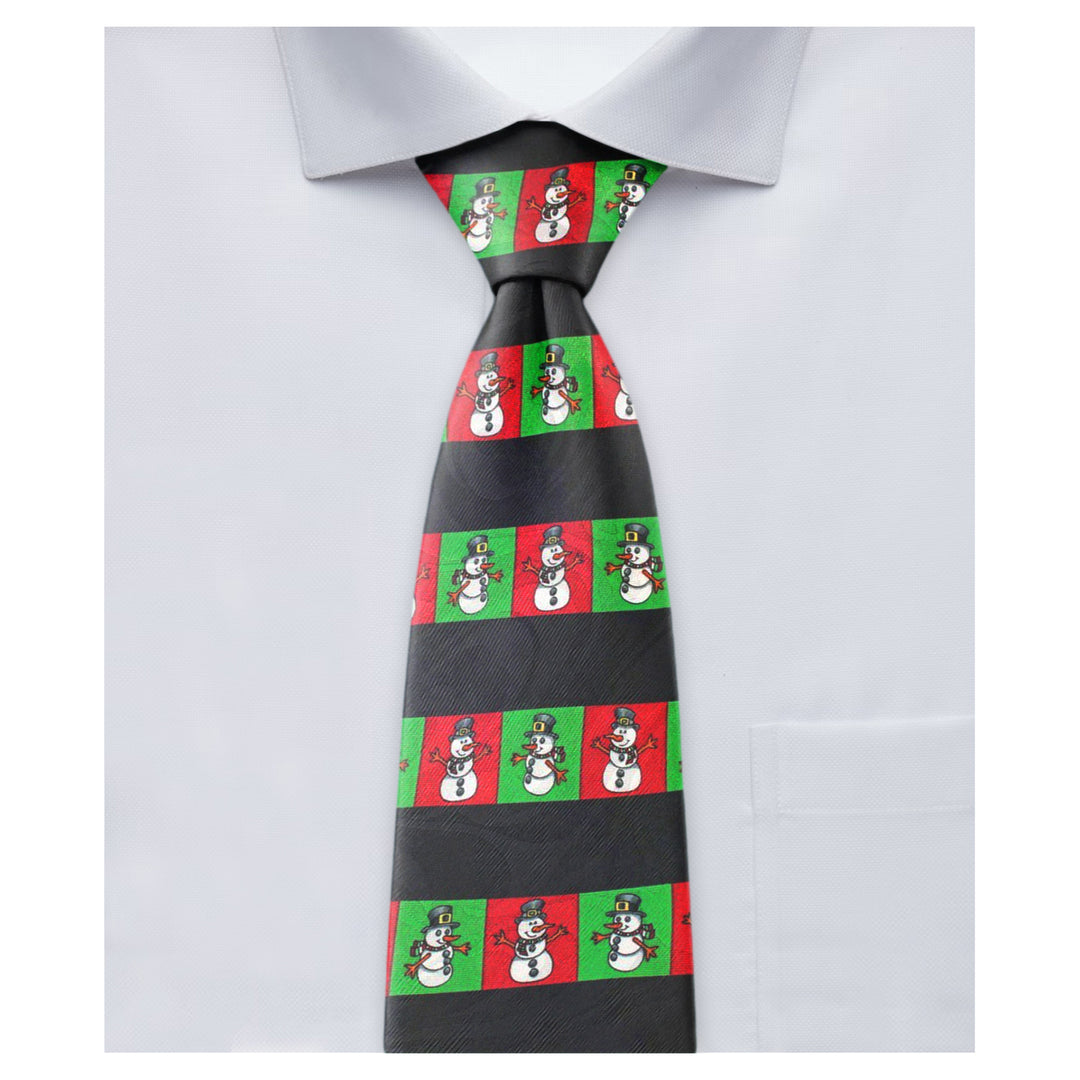 Christmas Winter Snowman Red Green Stripe Tie - Black