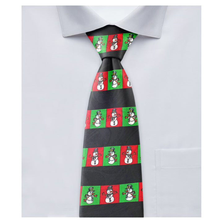 Christmas Winter Snowman Red Green Stripe Tie - Black