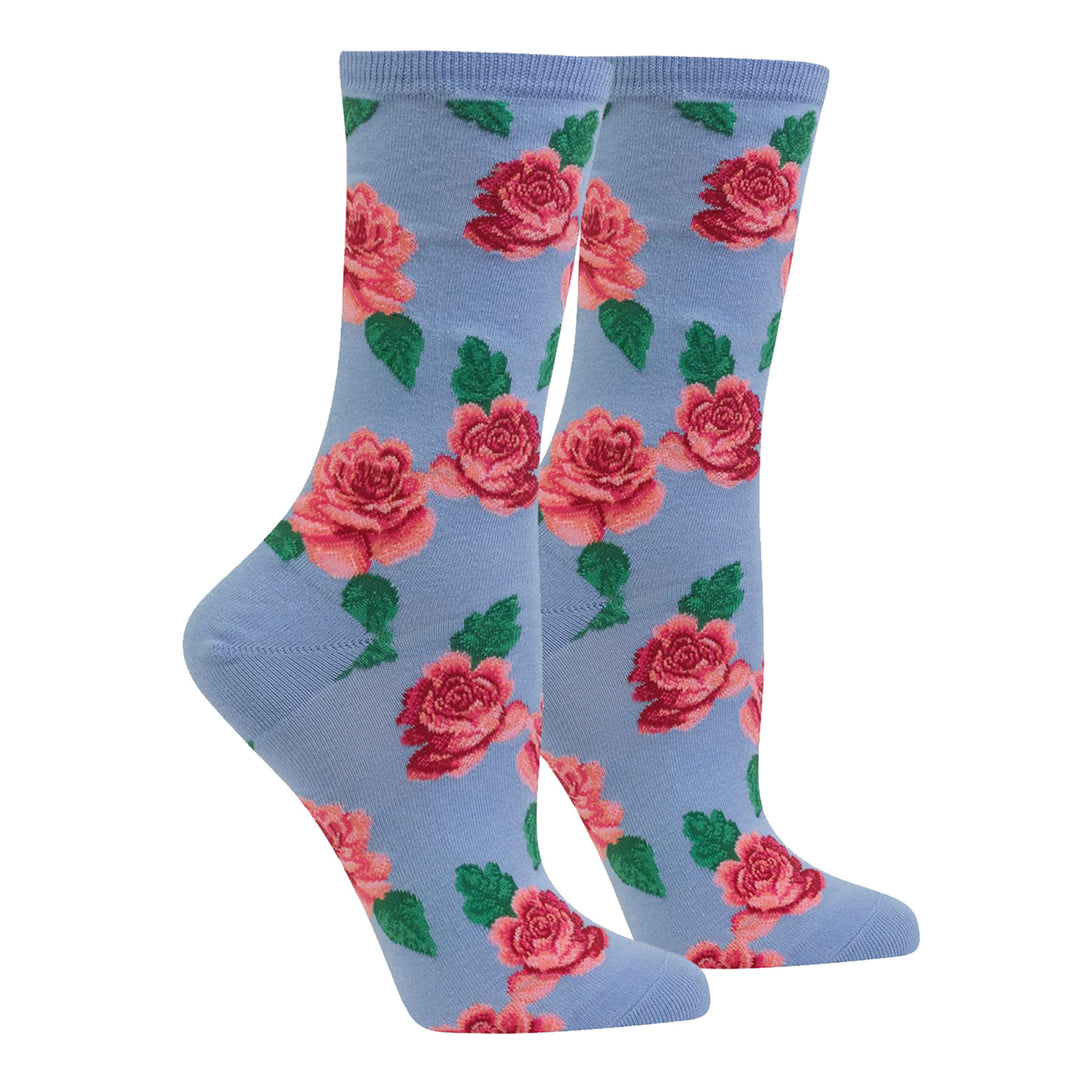 Women's Rose Print Crew Sock - Coastal Blue