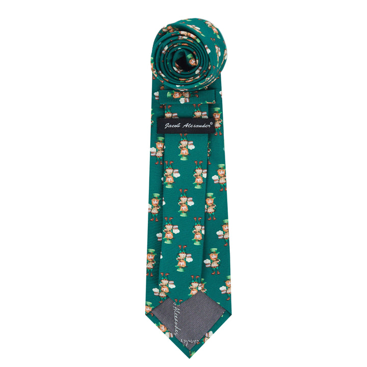 St. Patrick's Day Leprechaun Holding Drinks Extra Long Tie - Dark Green