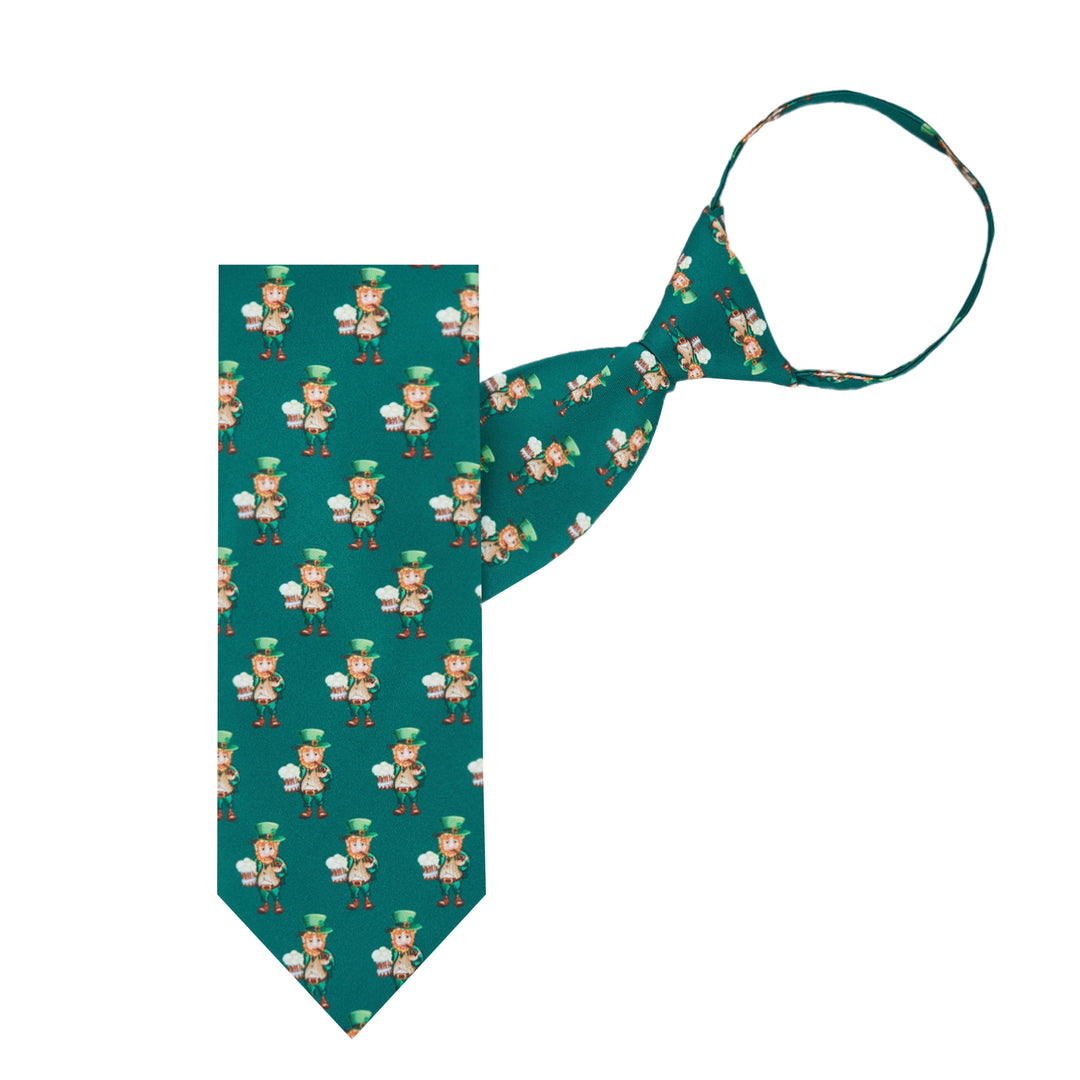 St. Patrick's Day Leprechaun Holding Drinks Zipper Tie - Dark Green