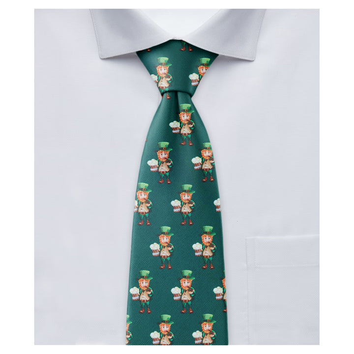 St. Patrick's Day Leprechaun Holding Drinks Extra Long Tie - Dark Green