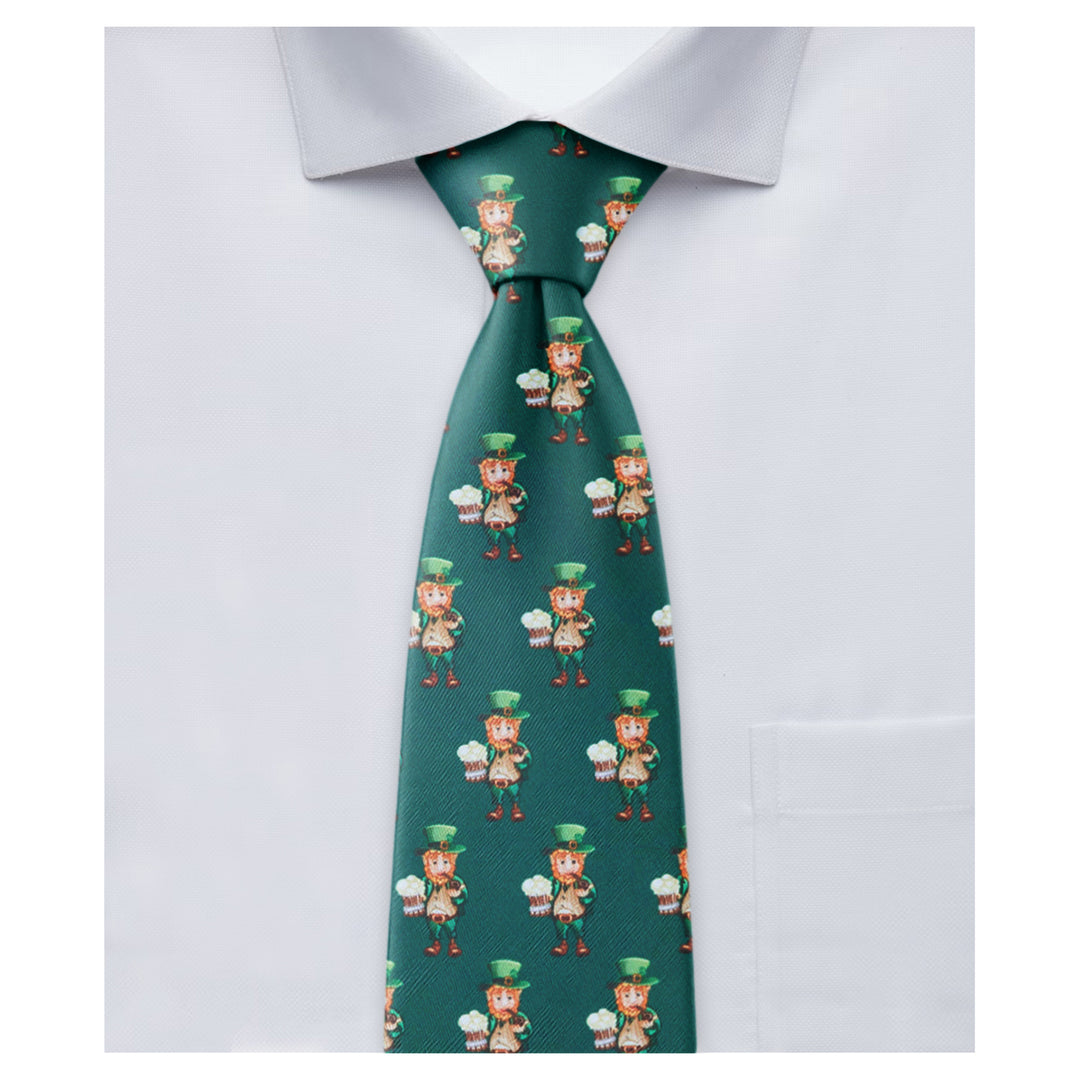St. Patrick's Day Leprechaun Holding Drinks Zipper Tie - Dark Green
