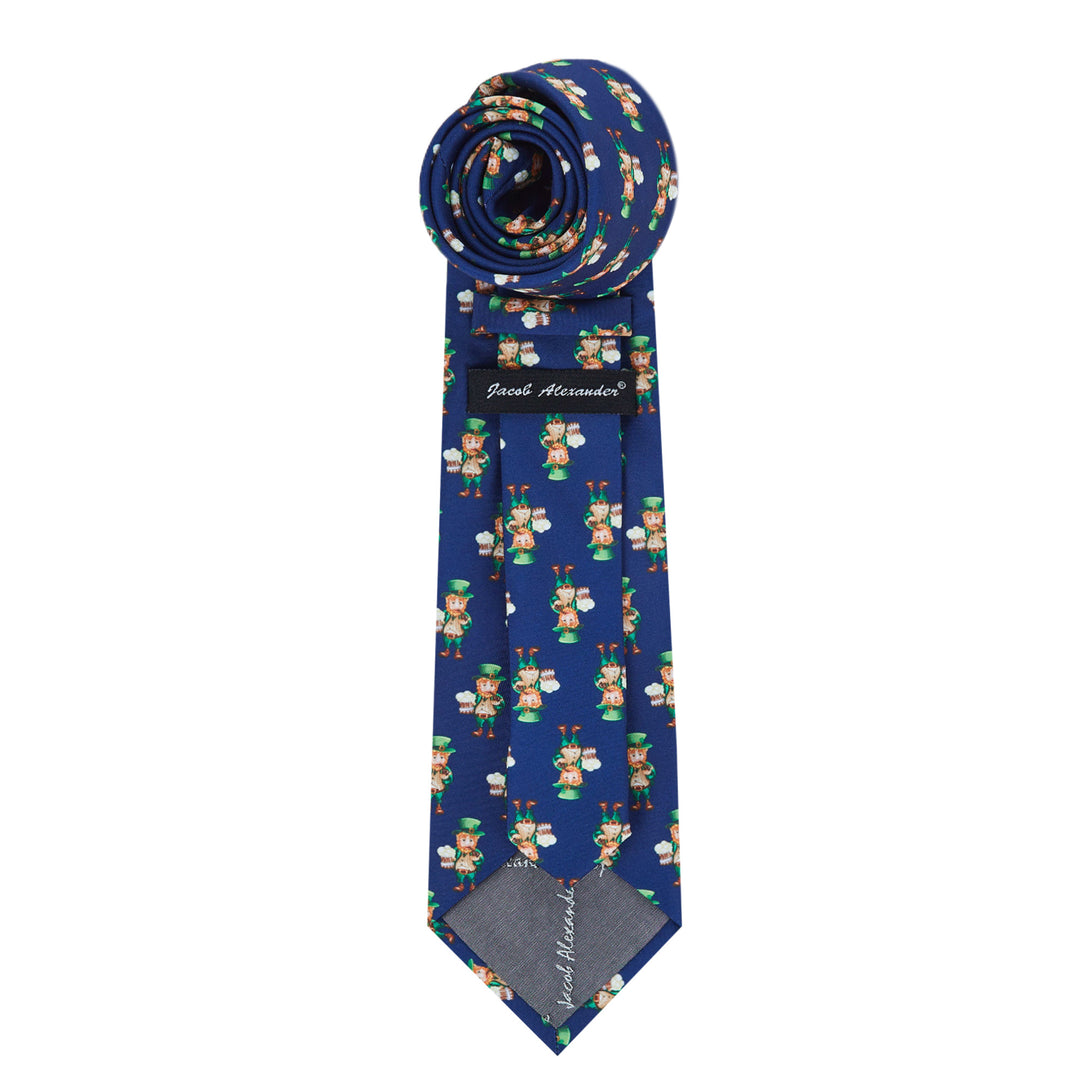 St. Patrick's Day Leprechaun Holding Drinks Extra Long Tie - Navy Blue