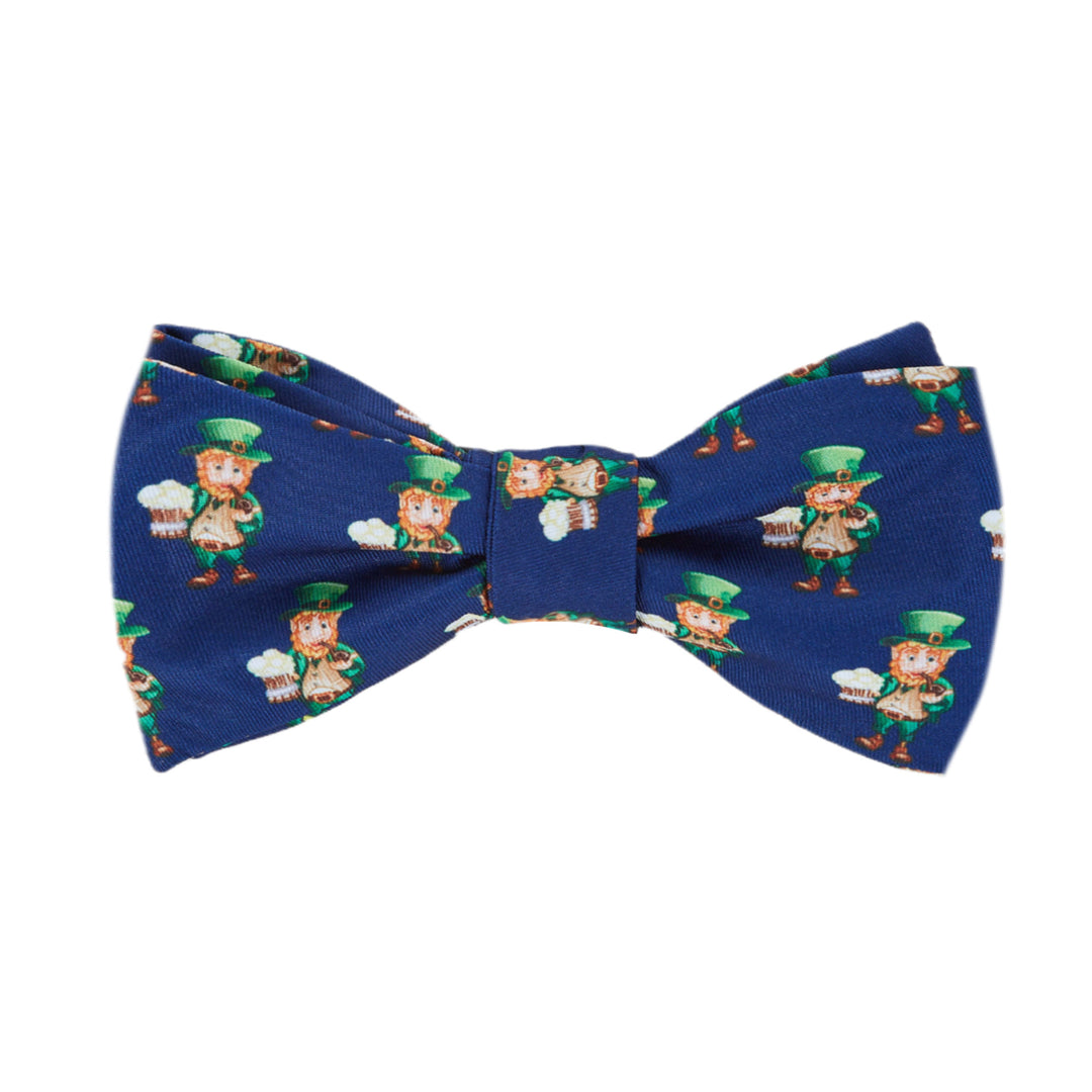 St. Patrick's Day Leprechaun Holding Drinks Self-Tie Bow Tie - Navy Blue