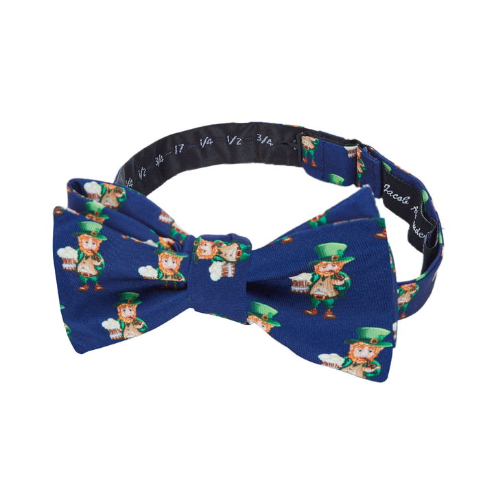 St. Patrick's Day Leprechaun Holding Drinks Self-Tie Bow Tie - Navy Blue