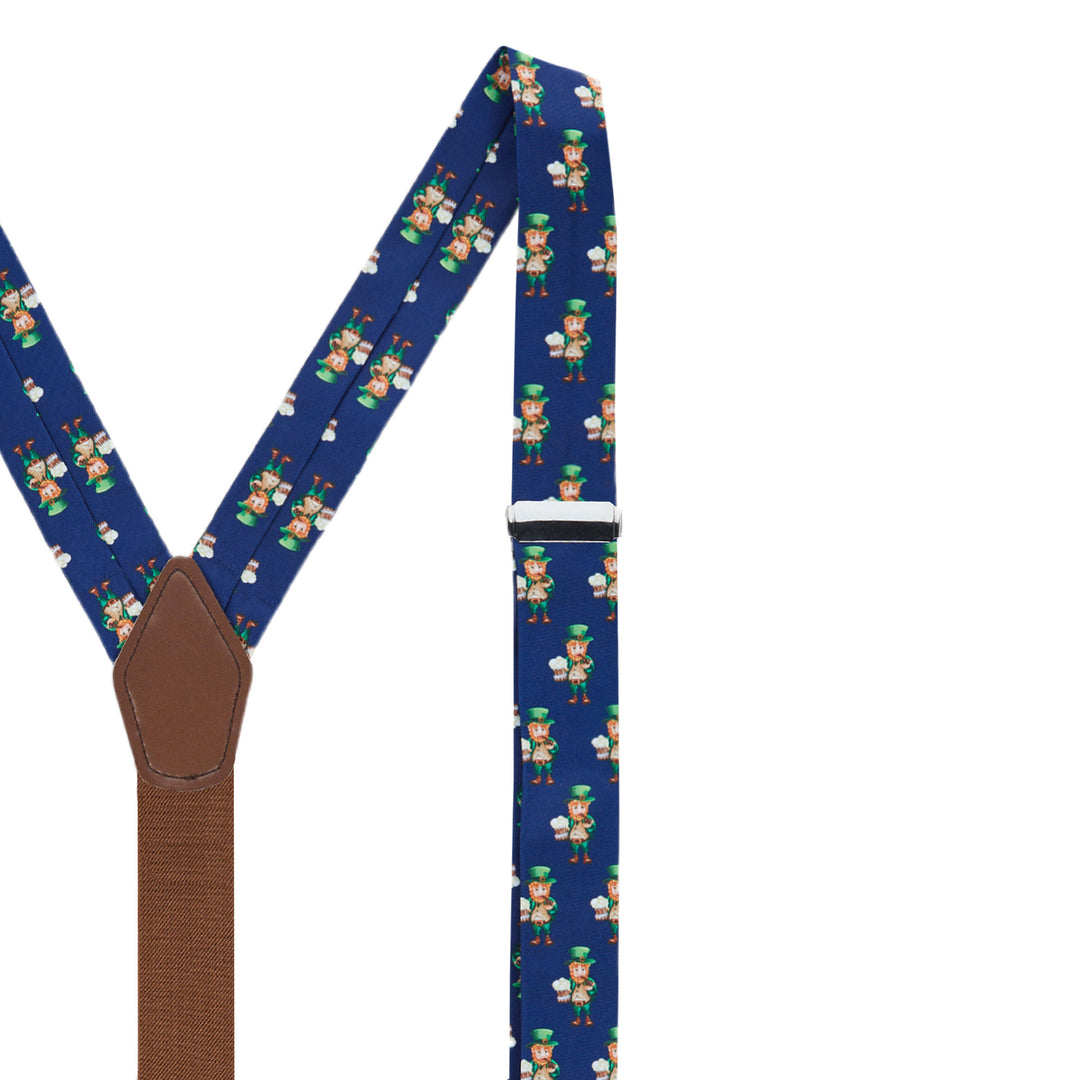 St. Patrick's Day Leprechaun Holding Drinks Suspenders - Navy Blue