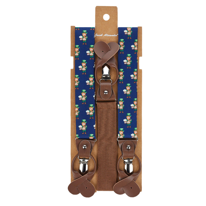 St. Patrick's Day Leprechaun Holding Drinks Suspenders - Navy Blue
