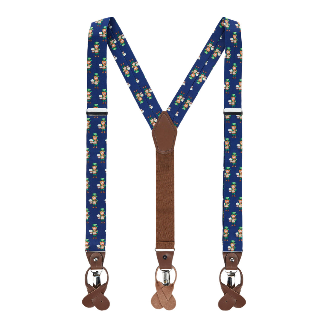 St. Patrick's Day Leprechaun Holding Drinks Suspenders - Navy Blue