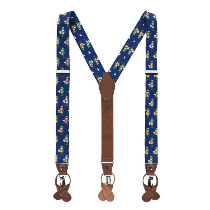 St. Patrick's Day Leprechaun Holding Drinks Suspenders - Navy Blue