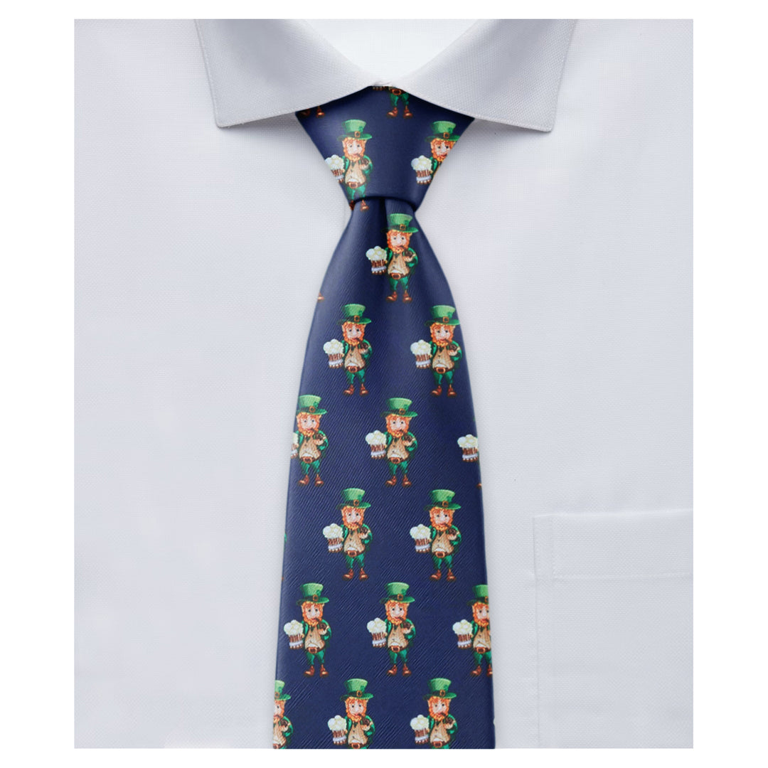 St. Patrick's Day Leprechaun Holding Drinks Zipper Tie - Navy Blue