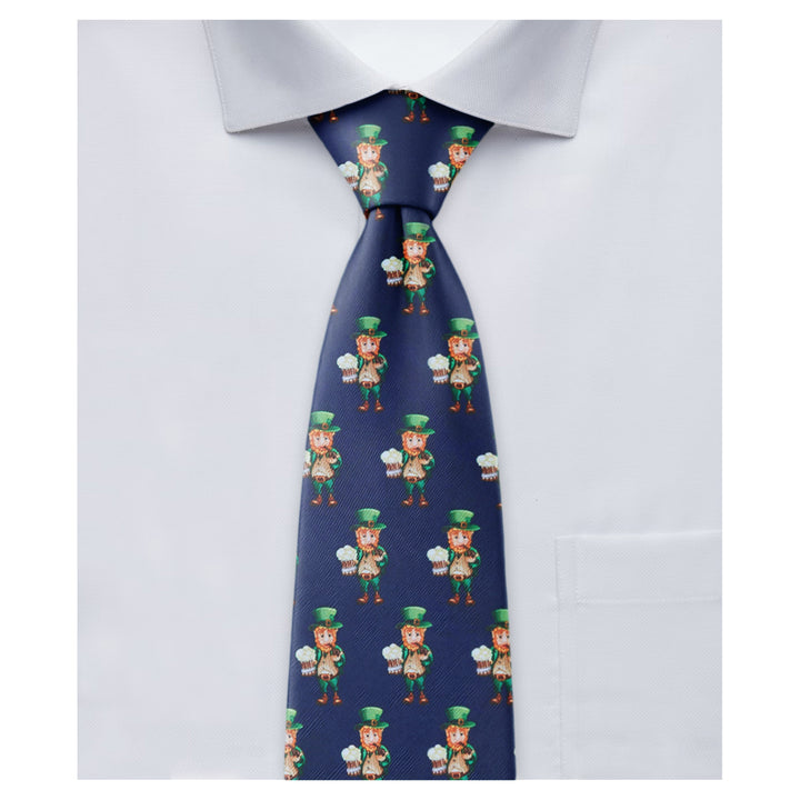 St. Patrick's Day Leprechaun Holding Drinks Zipper Tie - Navy Blue