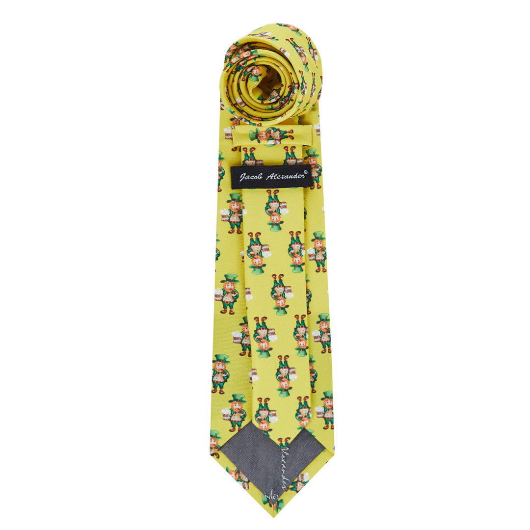 St. Patrick's Day Leprechaun Holding Drinks Extra Long Tie - Yellow