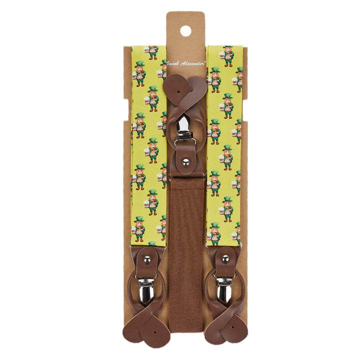 St. Patrick's Day Leprechaun Holding Drinks Suspenders - Yellow