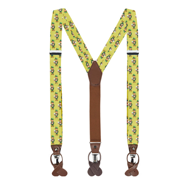 St. Patrick's Day Leprechaun Holding Drinks Suspenders - Yellow