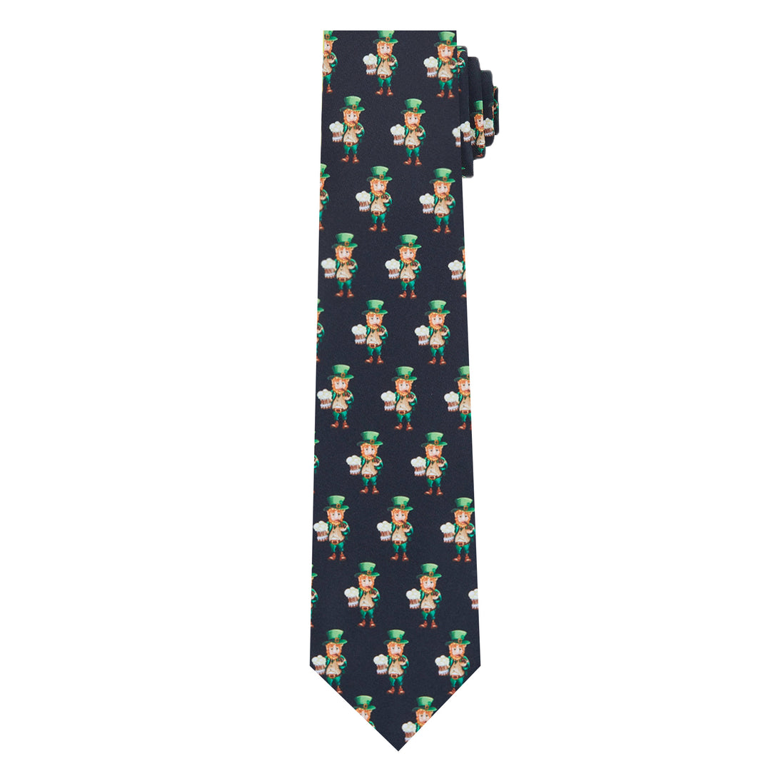 St. Patrick's Day Leprechaun Holding Drinks Tie - Black