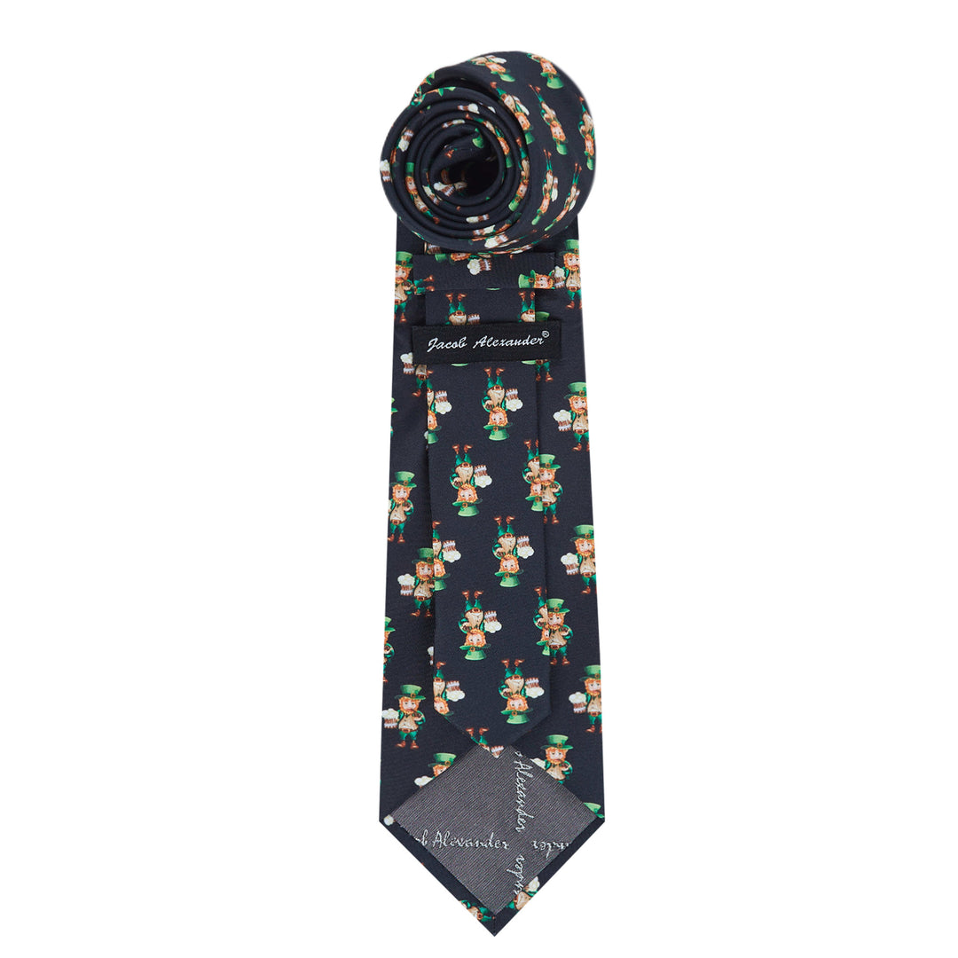 St. Patrick's Day Leprechaun Holding Drinks Extra Long Tie - Black