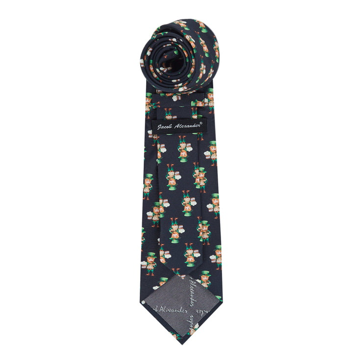 St. Patrick's Day Leprechaun Holding Drinks Extra Long Tie - Black