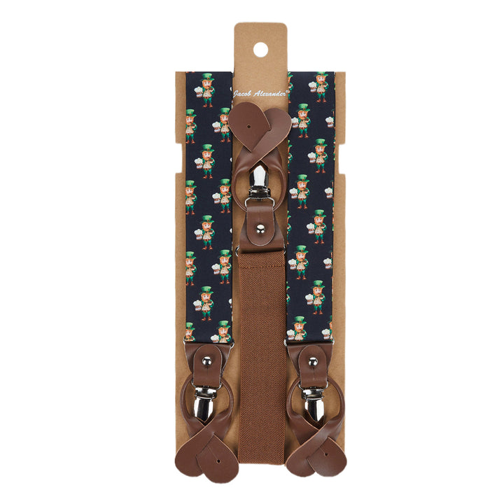 St. Patrick's Day Leprechaun Holding Drinks Suspenders - Black