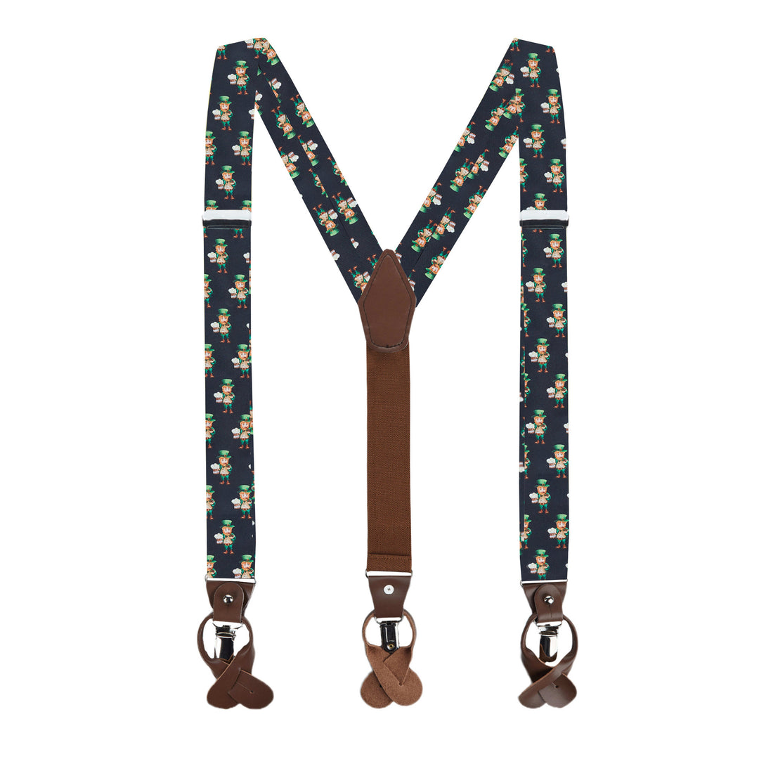 St. Patrick's Day Leprechaun Holding Drinks Suspenders - Black