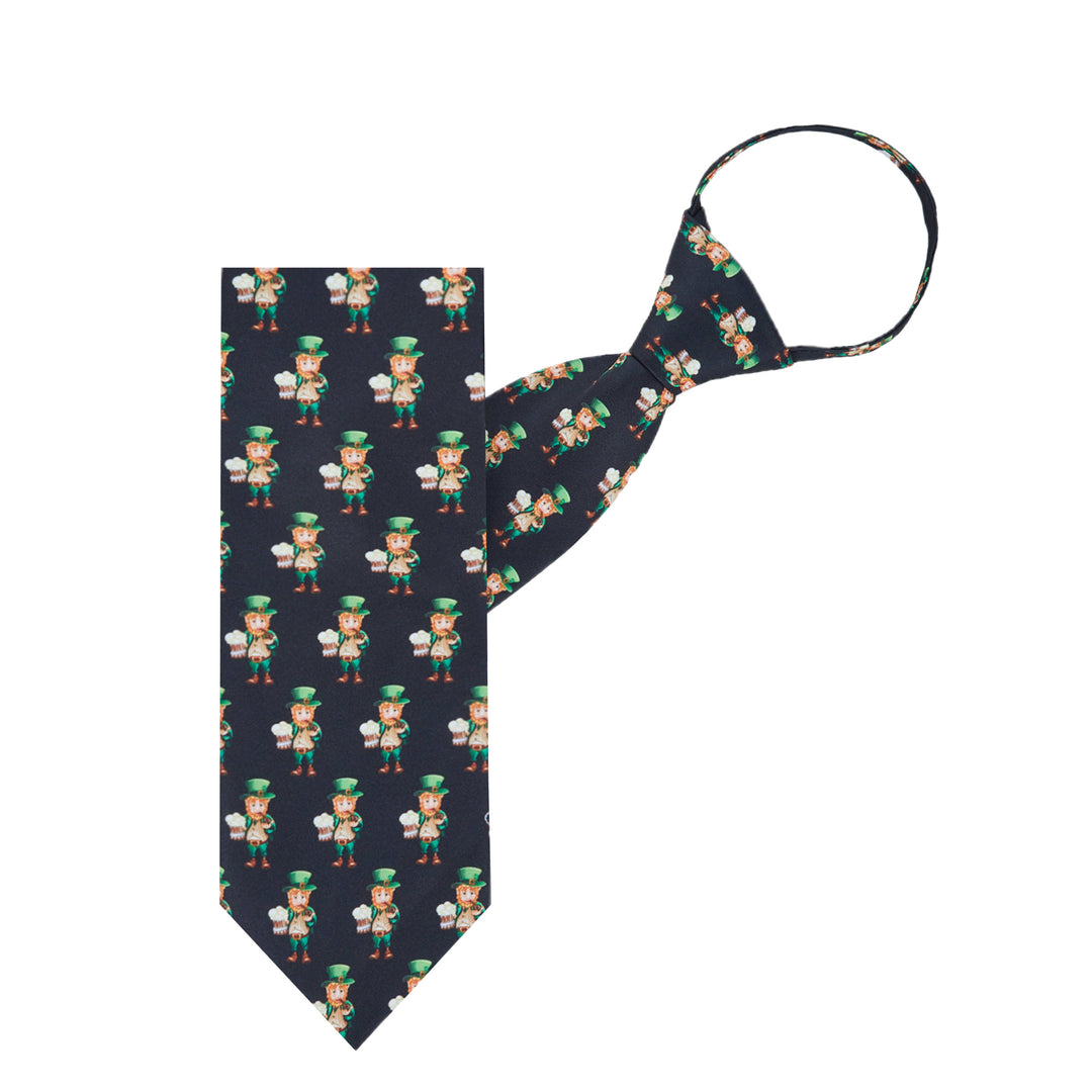 St. Patrick's Day Leprechaun Holding Drinks Zipper Tie - Black