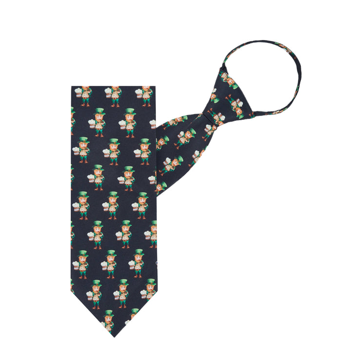 St. Patrick's Day Leprechaun Holding Drinks Zipper Tie - Black
