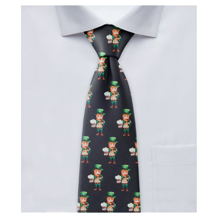 St. Patrick's Day Leprechaun Holding Drinks Tie - Black
