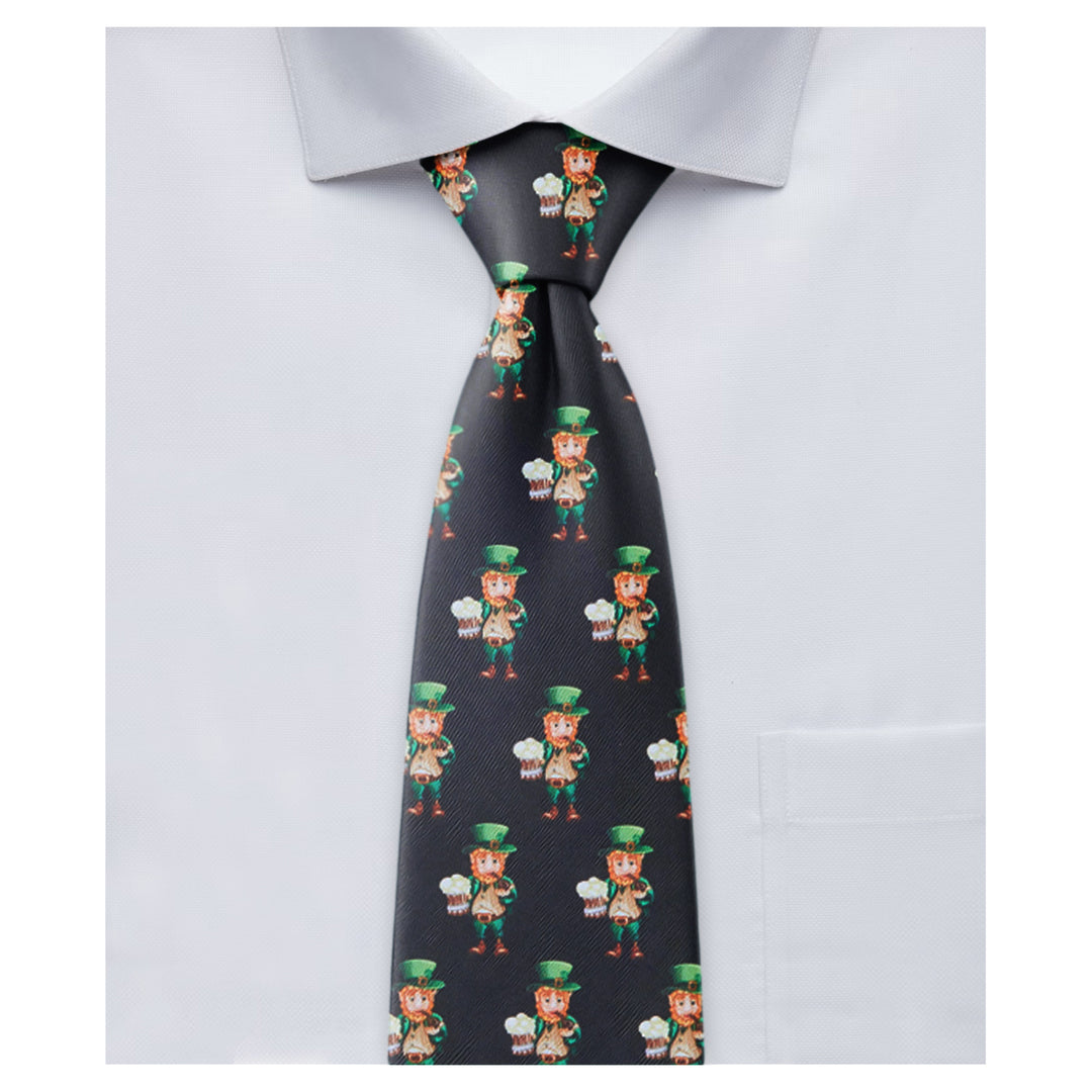 St. Patrick's Day Leprechaun Holding Drinks Extra Long Tie - Black