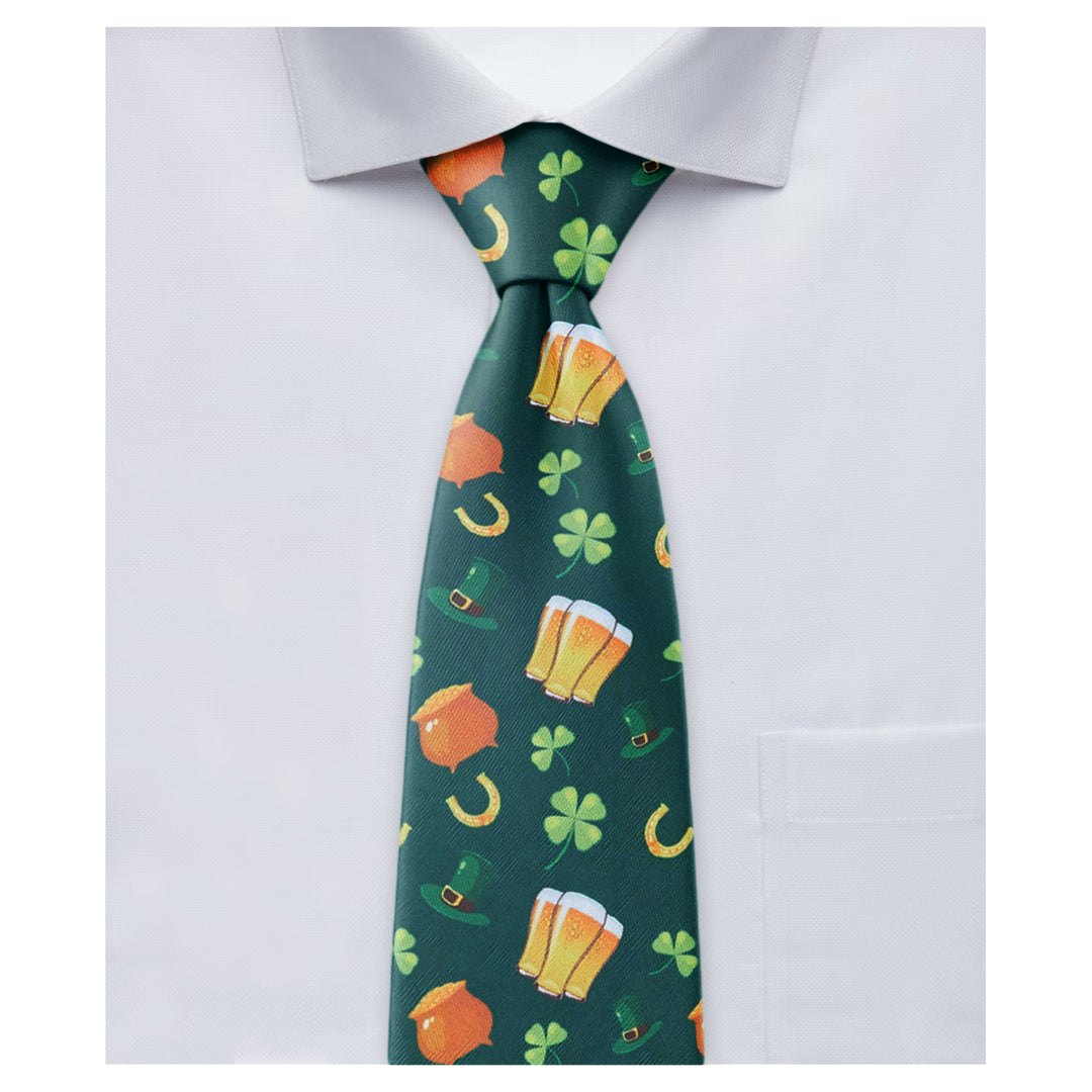 St. Patrick's Lucky Drinks Clovers Hat Gold Horseshoe Zipper Tie
