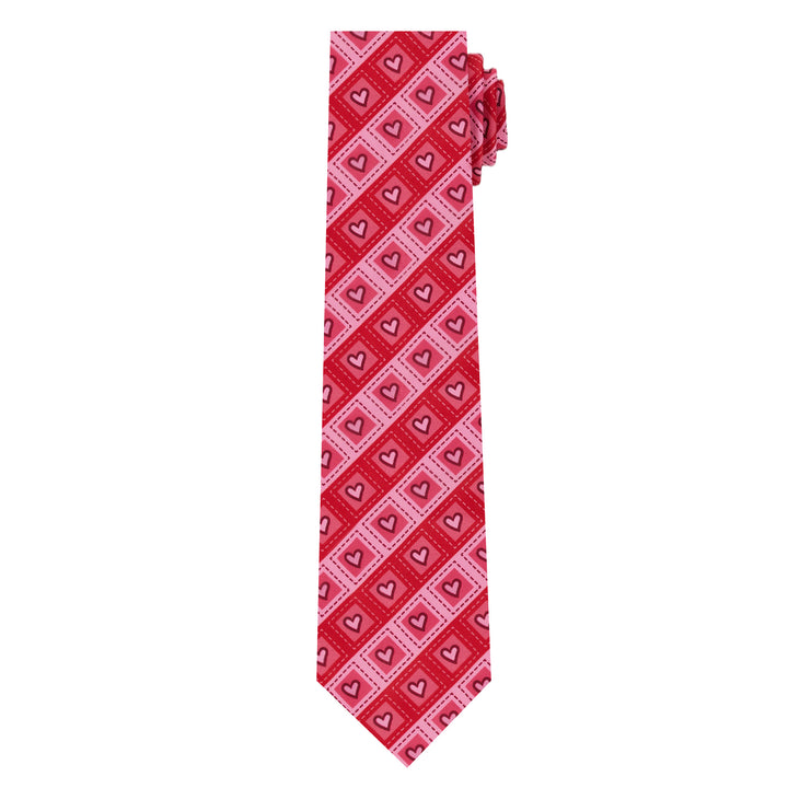 Valentine's Diagonal Striped Hearts in Squares Tie - Red