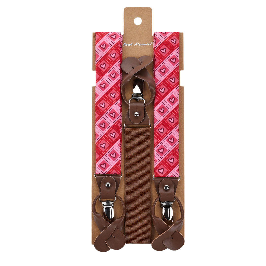 Valentine's Diagonal Striped Hearts in Squares Suspenders - Red