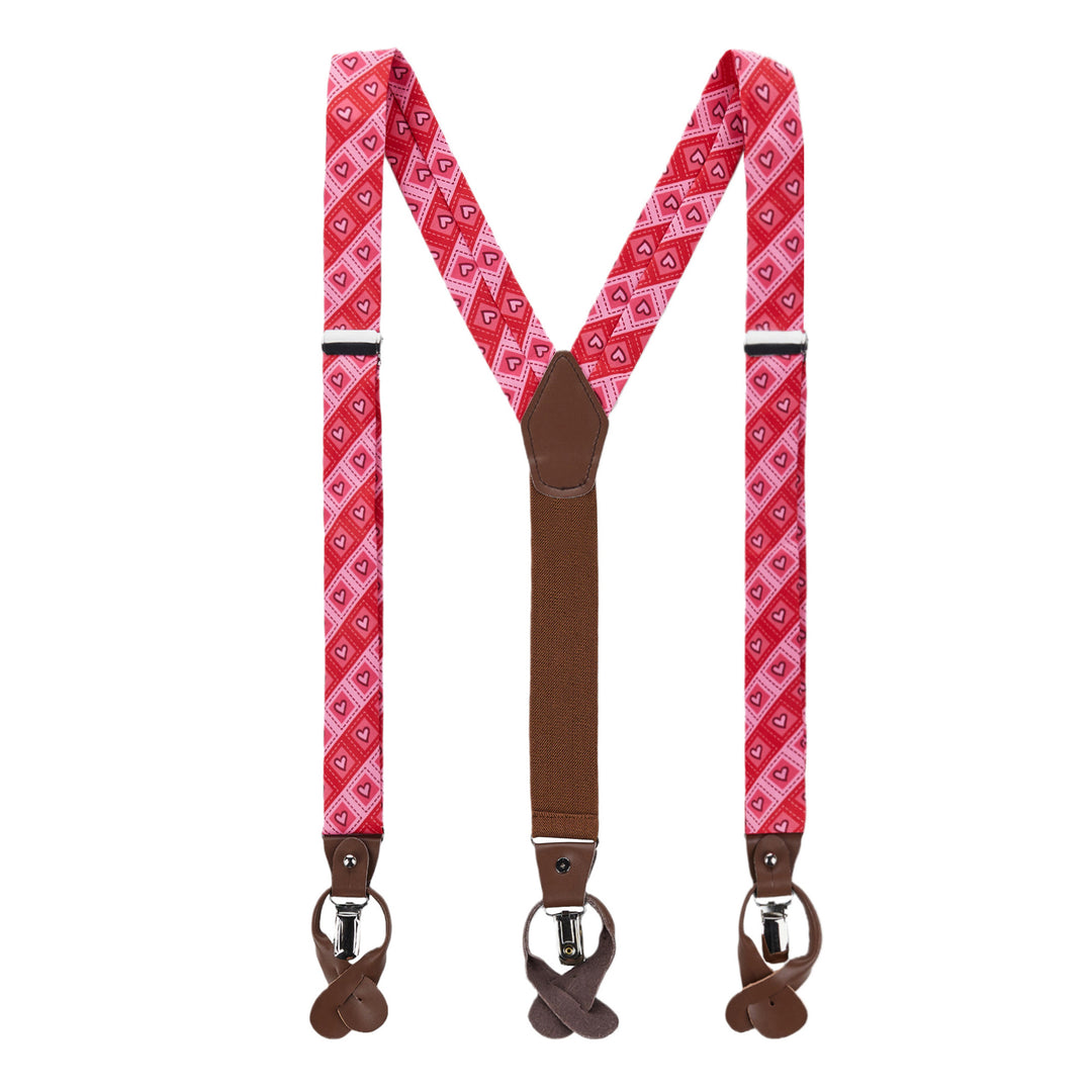 Valentine's Diagonal Striped Hearts in Squares Suspenders - Red
