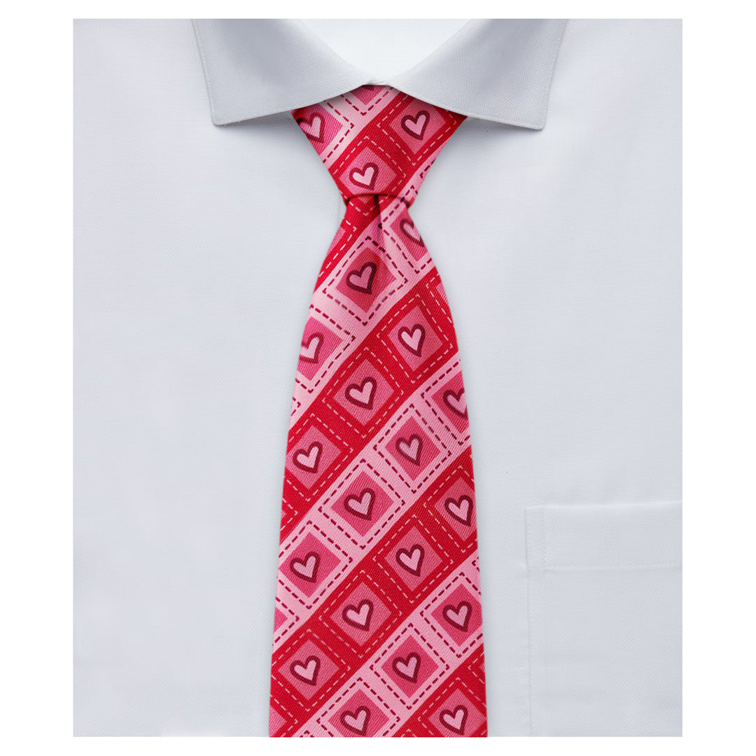 Valentine's Diagonal Striped Hearts in Squares Tie - Red
